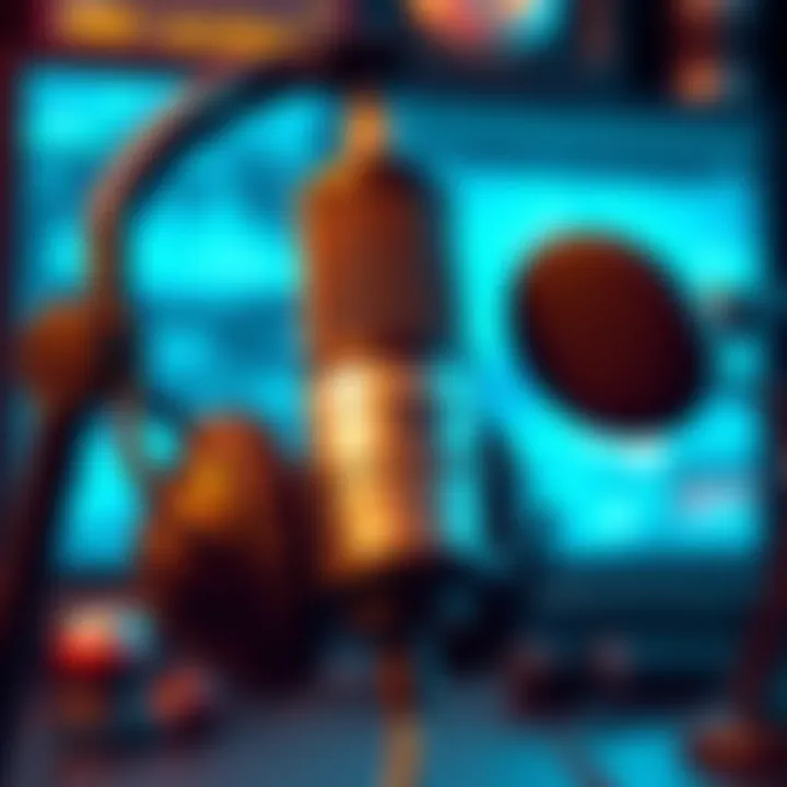 A close-up of a microphone and headphones set up for podcasting about conspiracies and cryptids