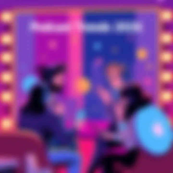 An illustration showing people listening to podcasts through modern devices while discussing trends in storytelling, technology, and culture.