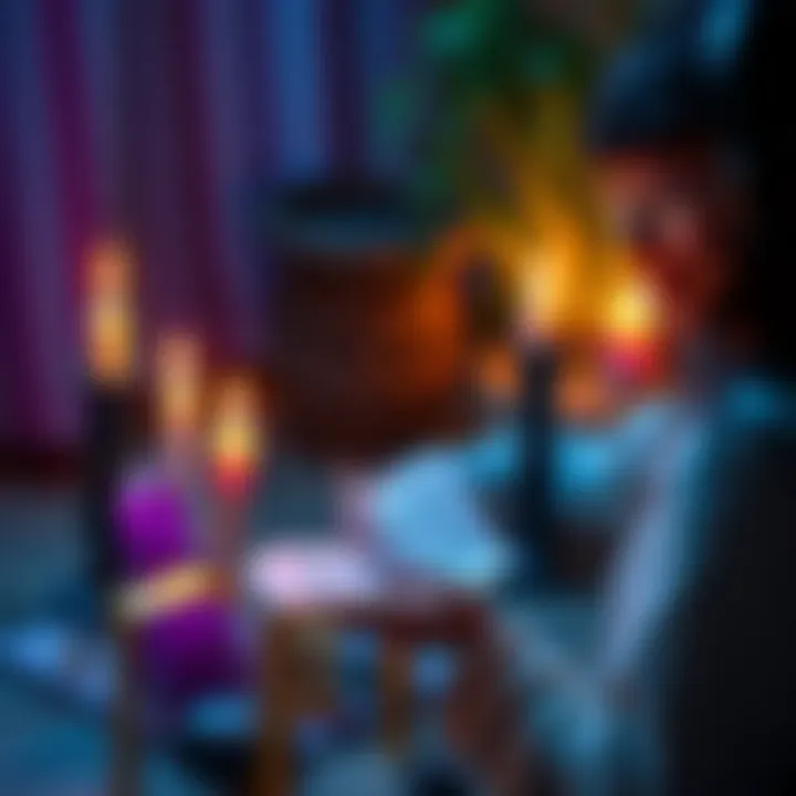 A person listening to a podcast about Wicca with candles and crystals on a table.