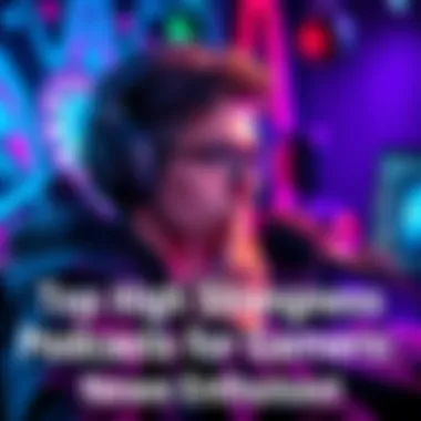A person wearing headphones, listening to a podcast while gaming, surrounded by gaming gear and colorful lights