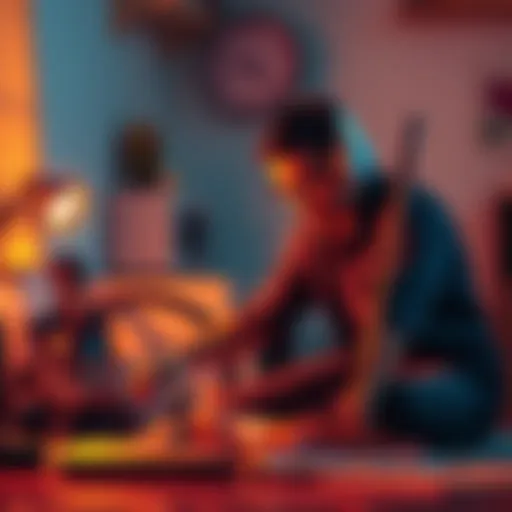 A person cleaning while listening to podcasts on headphones, surrounded by household items like a vacuum cleaner and broom.