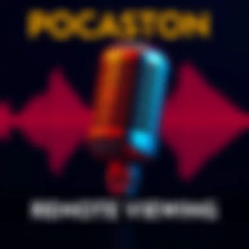 A microphone with sound waves representing remote viewers sharing their insights on popular podcasts.
