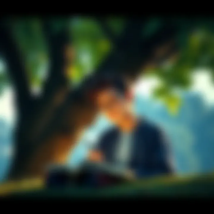 Poems Reflecting Growth A young person sitting under a tree, writing in a notebook with a serene expression, symbolizing personal growth and reflection on their journey to enlightenment.