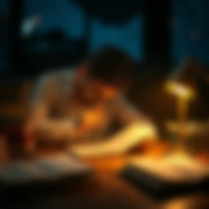 A person sitting at a table, writing a heartfelt poem in a notebook with a pen, surrounded by books and warm lighting