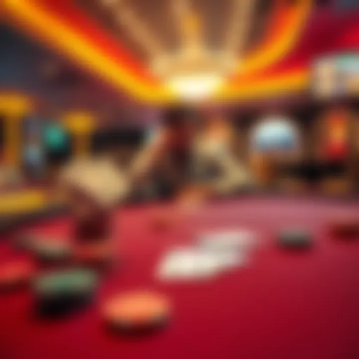 A Las Vegas poker table showing cards and chips as a player reacts in surprise to a card change.