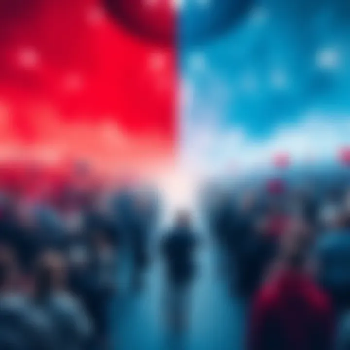 A divided crowd representing different political views, with red and blue colors symbolizing the two main parties in America. People are standing apart, showing signs of disagreement but also reaching out for connection.