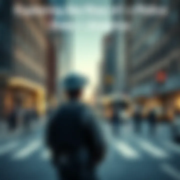 A police officer standing on a city street, observing pedestrians and traffic, with surveillance cameras visible in the background.