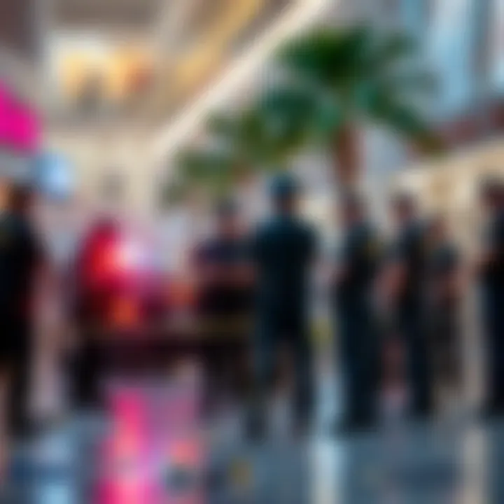 Police at Miami Mall scene Police officers gathered at the Miami Mall after the incident, discussing and analyzing the situation with evidence scattered around.