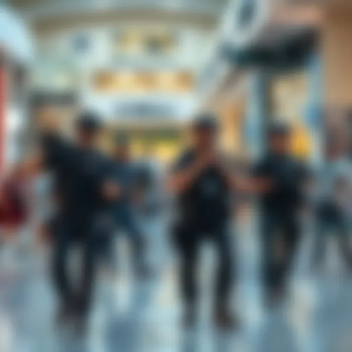 Police officers responding to an incident at a Miami mall, with concerned people in the background.