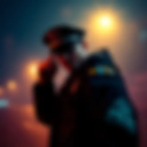 A dream scene featuring a police officer investigating under a streetlight, with a hazy background that gives a dreamlike feel.
