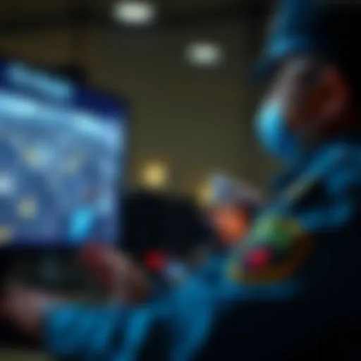 A police officer looking at a surveillance screen displaying Flock camera footage, highlighting concerns about privacy and misconduct