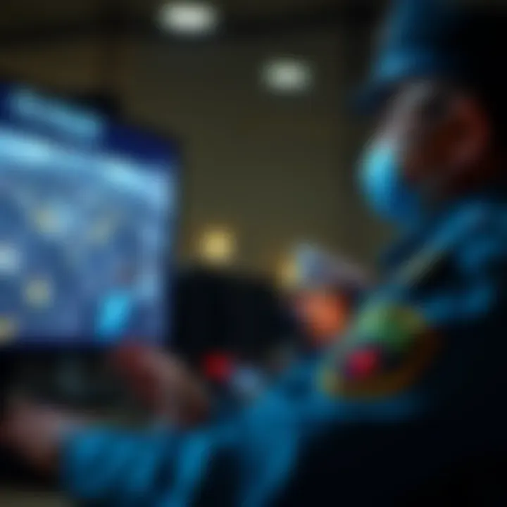 Police officer monitoring Flock camera feed A police officer looking at a surveillance screen displaying Flock camera footage, highlighting concerns about privacy and misconduct