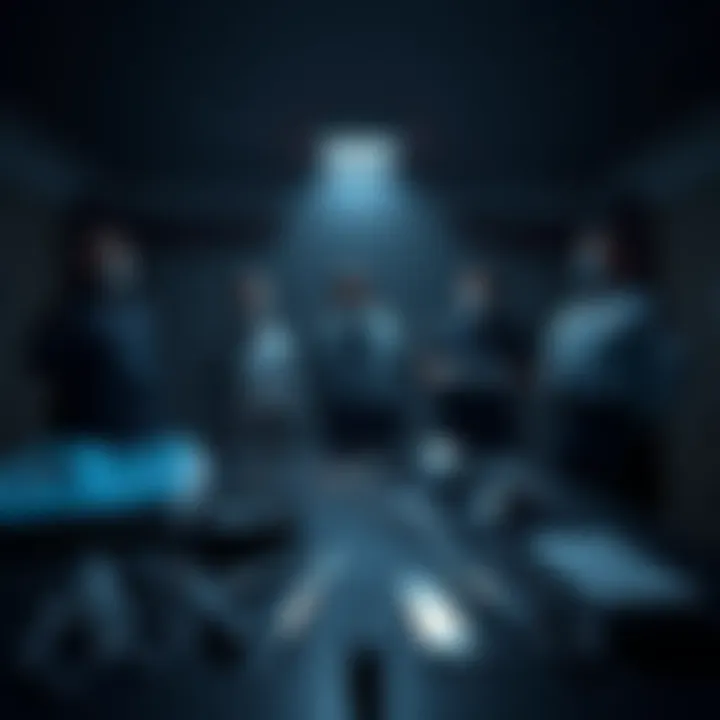 A shadowy room with police officers examining a set of surgical tools on a table, creating an eerie atmosphere.