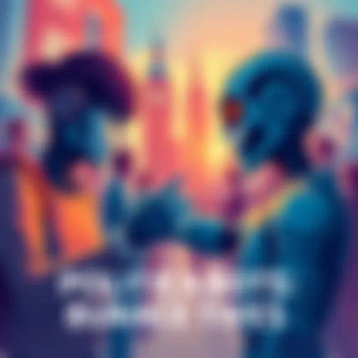 Illustration showing political bots manipulating social media posts to create division between left and right, with people arguing in the background.