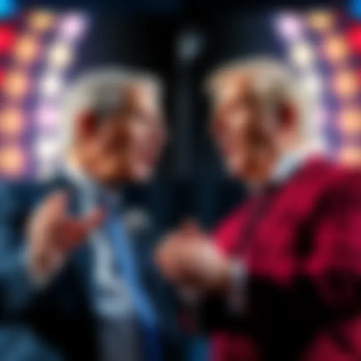 Political Debate A split image showing two politicians from different parties debating passionately, highlighting the similarities in their arguments.