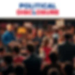 Political Disclosure Announcement A crowd of people gathering at a press conference, holding signs demanding transparency in government. Some are taking notes as a major political figure approaches the podium to speak.