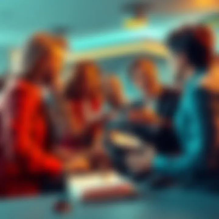 A group of people discussing political issues around emails in a casual setting, representing the ongoing debate over the phrase 'But Her Emails'.