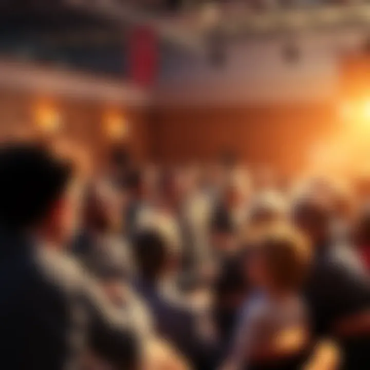 A crowded town hall meeting where speakers are passionately discussing unexpected topics, highlighting the departure from standard political narratives.