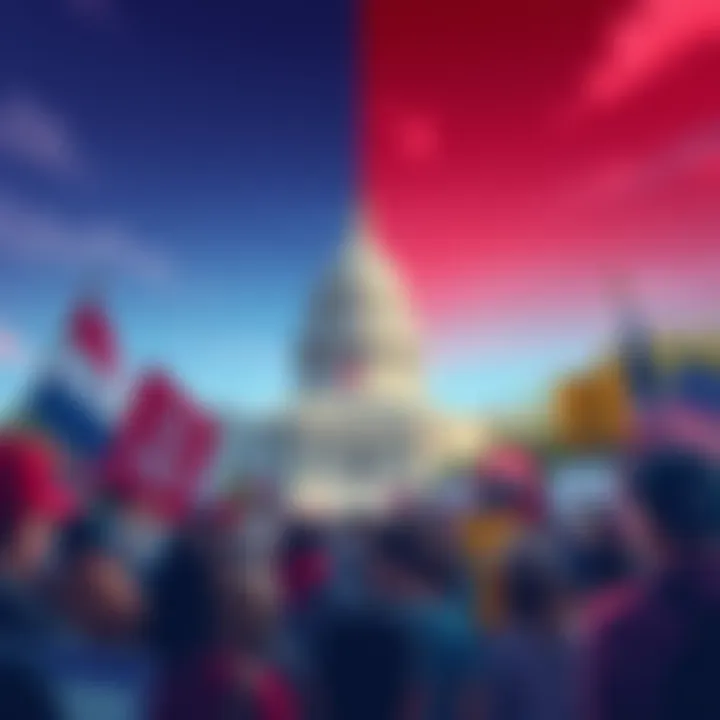 An illustration showing a split scene with a crowd representing the left on one side and a crowd representing the right on the other, with a government building in the background symbolizing democracy, and signs advocating for civil liberties in each section.