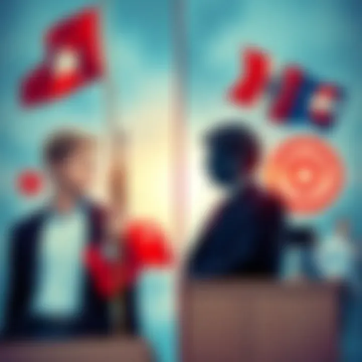 A split image showing people on opposite sides, one side with symbols of the left and the other with symbols of the right, highlighting division.