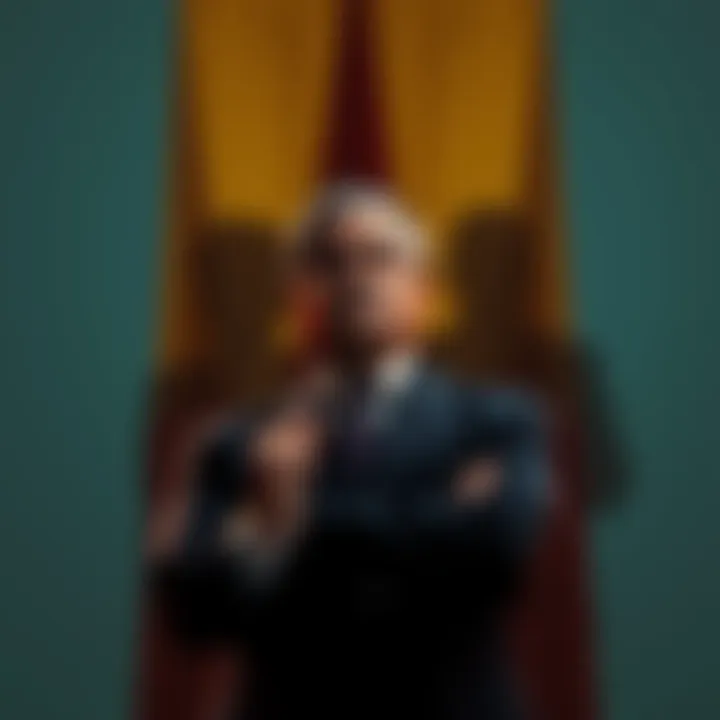 Political figure with shadows A political figure standing confidently in front of a flag, with faint images of drug-related symbols in the background, representing controversy.