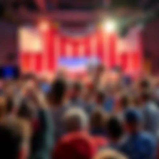 A lively political fundraising event with banners and enthusiastic supporters, highlighting the influence of money in elections.