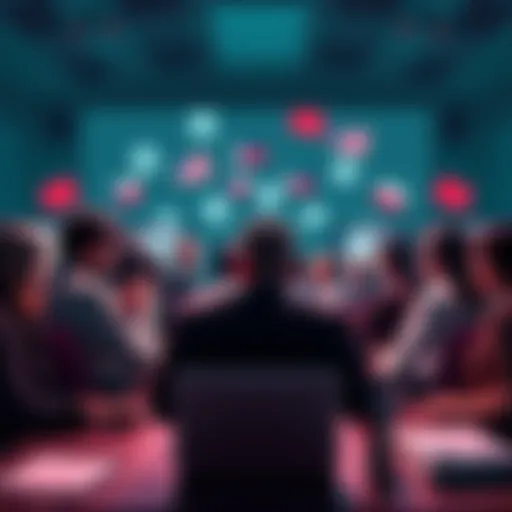 A group of people engaging in an online discussion on a forum, with subtle hints of political symbols around them.