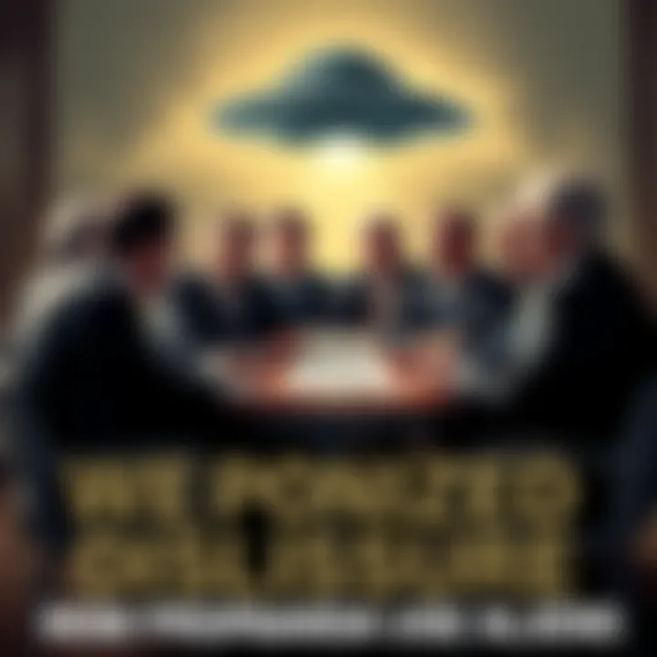 A group of political leaders in suits gathered around a table, discussing a document about extraterrestrial life, with an illustration of a UFO in the background.
