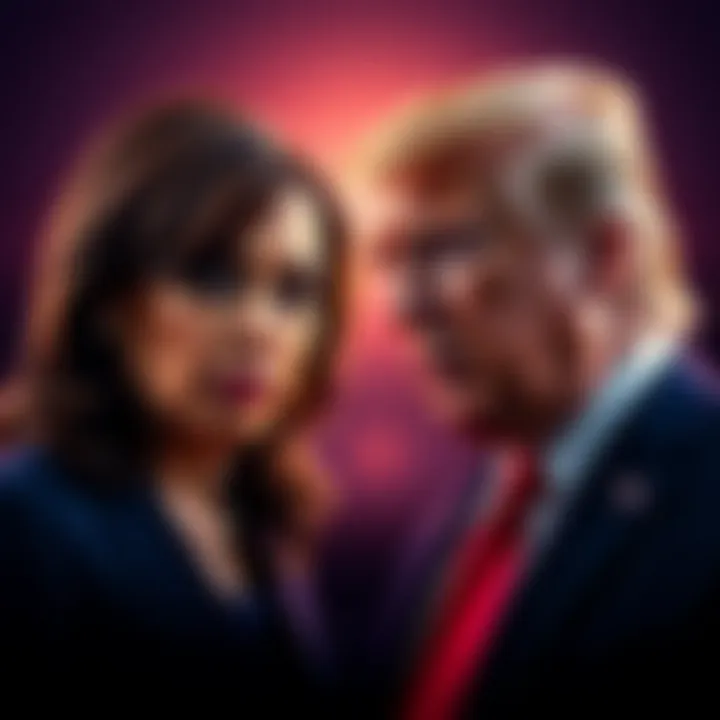 Kamala Harris and Donald Trump stand side by side with serious expressions, showcasing a political debate atmosphere.