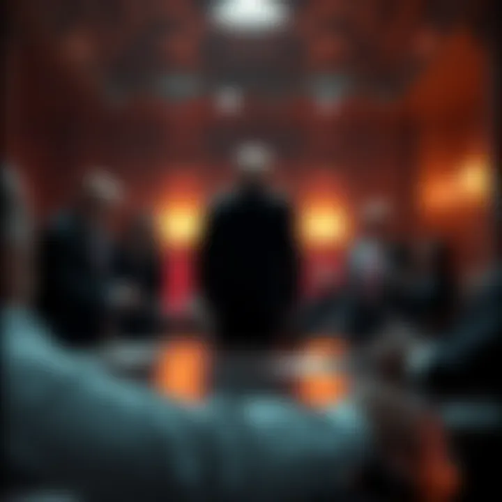 A group of politicians discussing strategies in a dimly lit room, highlighting themes of deception in politics.