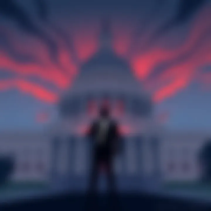 Illustration showing a government building with a shadowy figure representing political pressure, alongside symbols of AIPAC and FARA.
