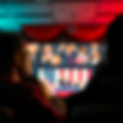 A group of Black Americans looking concerned while watching political speeches on a screen, symbolizing the impact of propaganda on their community.