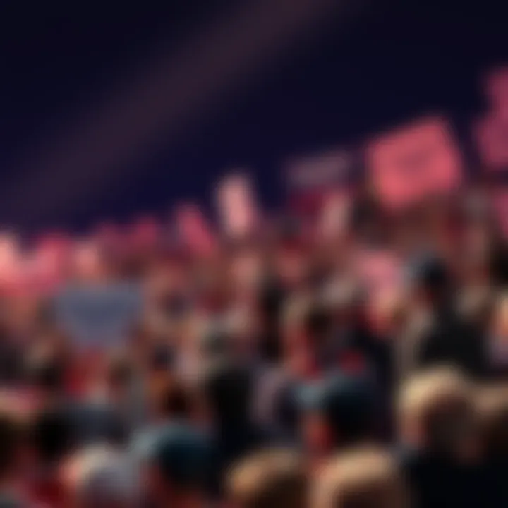 A political rally showing a divided crowd, some supporting Democratic ideals while others display signs of Trumpism, highlighting the tension in current politics.