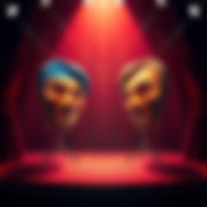 A stage with two masks representing Republicans and Democrats, showcasing a facade of conflict while shadows of real issues lurk behind.
