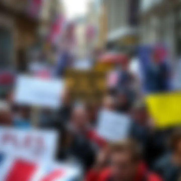 Political Turmoil in the UK A crowded street in London with protesters holding signs expressing their concerns about the government and economy.