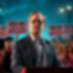 A politician stands at a podium with a concerned expression as people protest outside, holding signs demanding accountability.