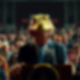 A politician with lizard-like eyes and skin, standing at a podium surrounded by a crowd, symbolizing conspiracy theories about public figures.