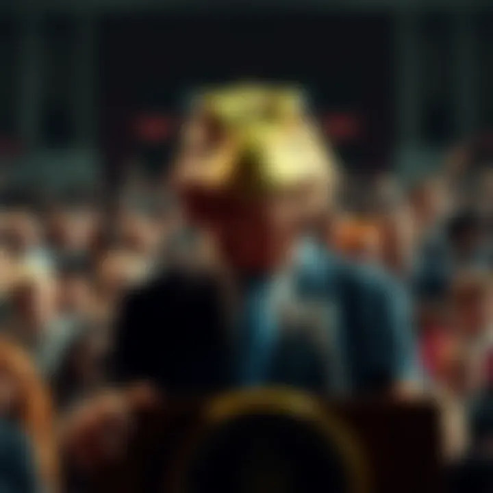 A politician with lizard-like eyes and skin, standing at a podium surrounded by a crowd, symbolizing conspiracy theories about public figures.