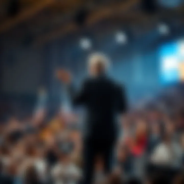 A politician stands on a stage addressing a diverse crowd, inspiring hope for justice and change.