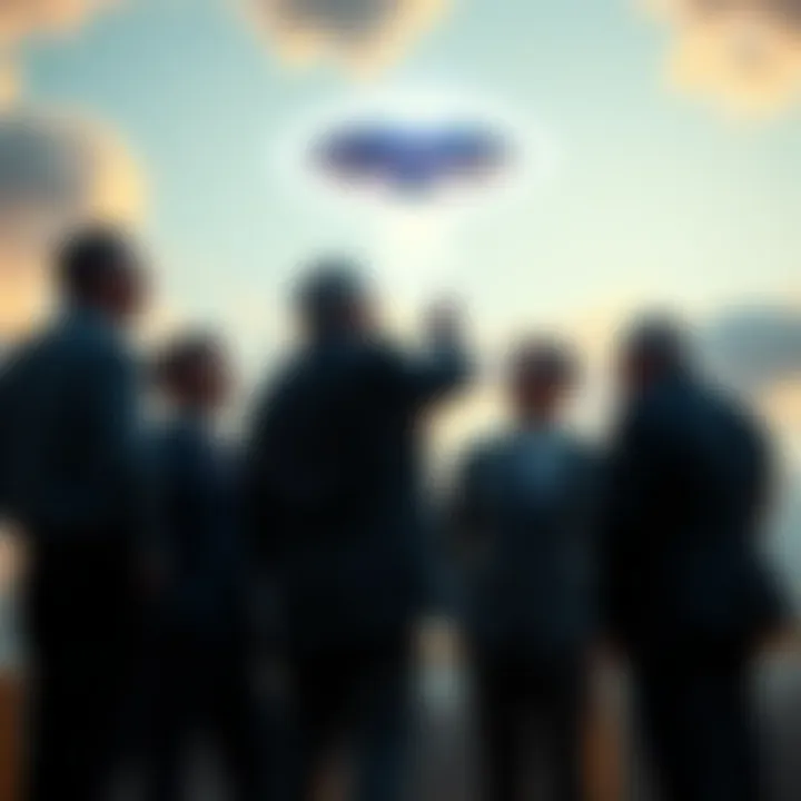 Politicians Discuss UFOs Four politicians stand together discussing UFOs, with one pointing towards the sky, suggesting a connection to extraterrestrial activity.