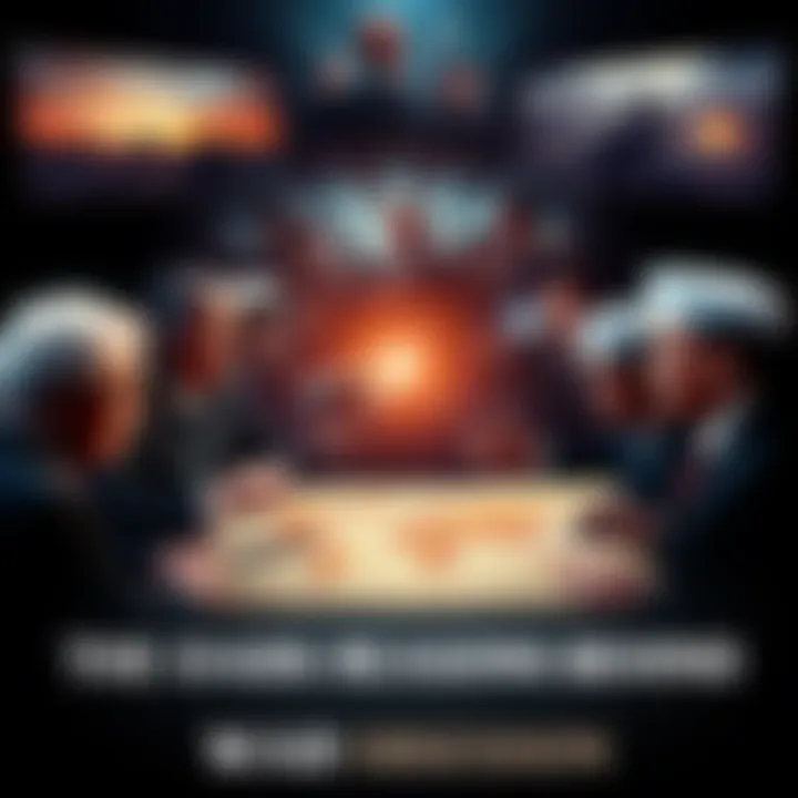 Politicians surrounded by war imagery A group of politicians discussing over a war map, with images of conflict and destruction in the background.