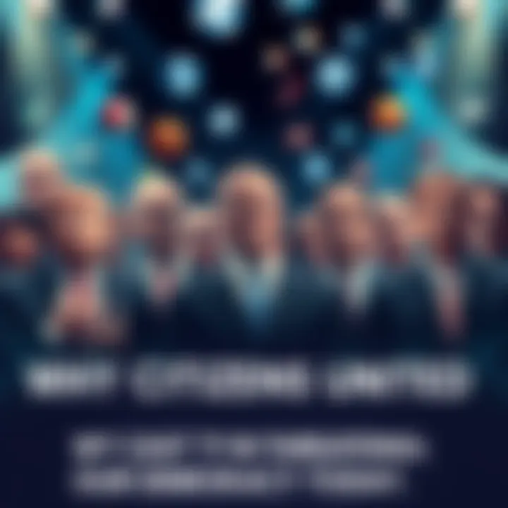 A group of politicians surrounded by corporate logos, showing the influence of money in politics.