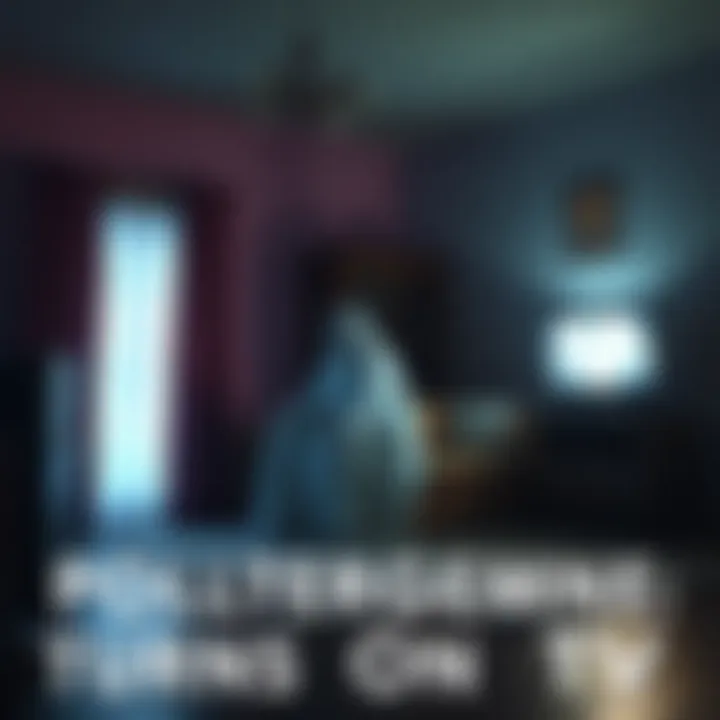 A ghostly figure sitting on a couch, turning on a TV in a dimly lit room.