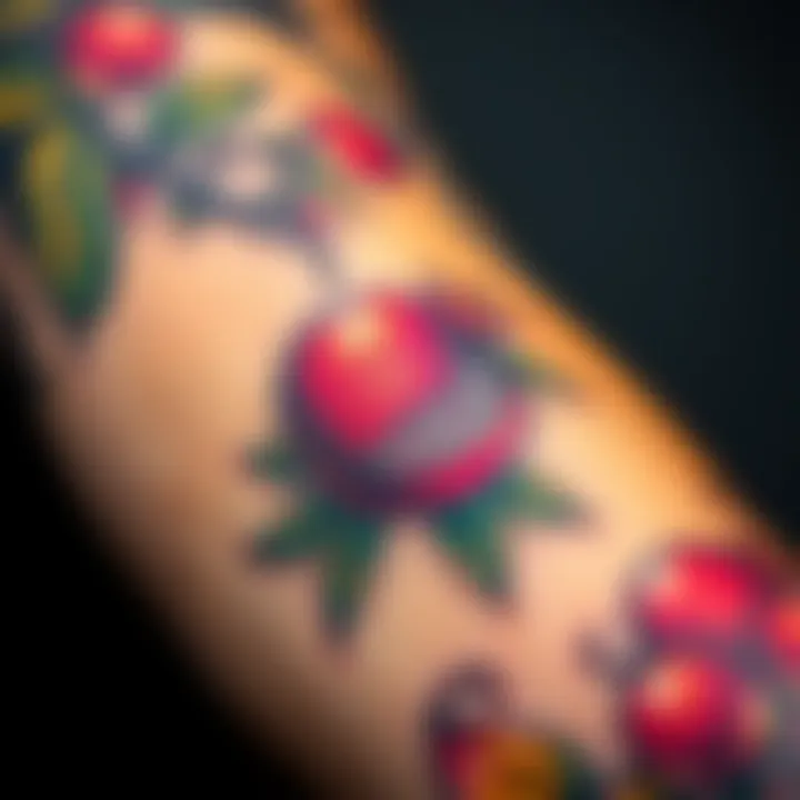A close-up of a colorful pomegranate tattoo on a person's forearm, showcasing intricate details and vibrant colors