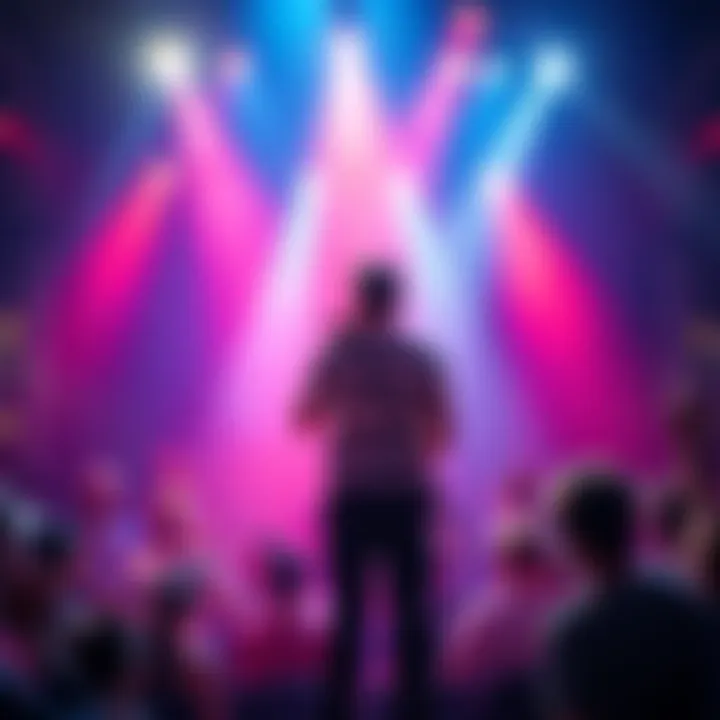 A pop singer-songwriter stands on stage with a microphone, surrounded by bright lights and an enthusiastic audience, symbolizing the journey to achieve music dreams.