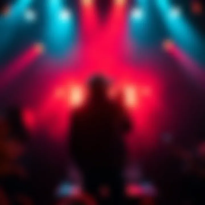 A pop musician on stage with a dramatic lighting effect, surrounded by dark and edgy visuals, representing 'demonic' vibes. The atmosphere contrasts with a lively crowd.