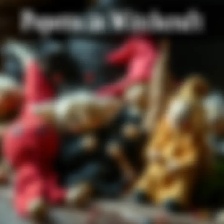 A collection of handmade poppets with pins and herbs, symbolizing various intentions in witchcraft