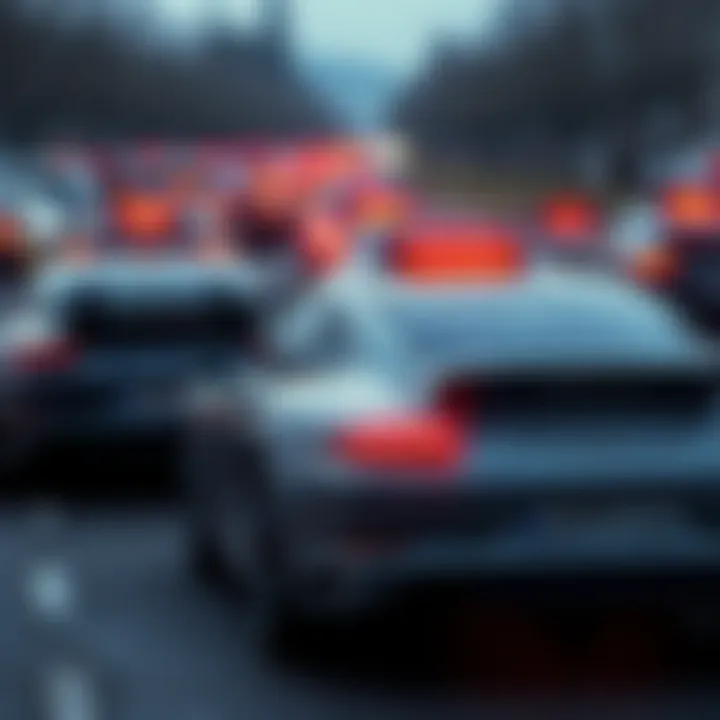 Several parked Porsches displaying warning lights due to satellite outage in Russia.