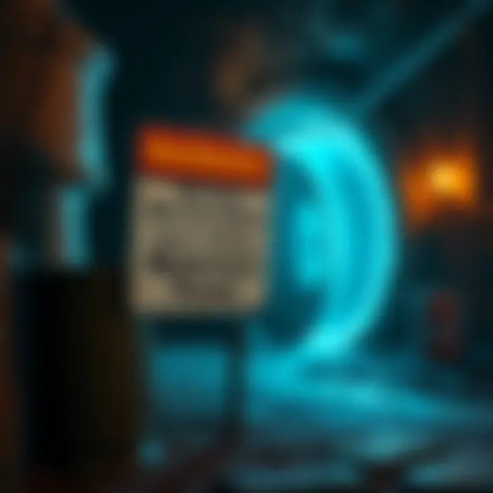 A warning sign near a mysterious portal with a dark entrance and faint light beyond, cautioning people to stay away