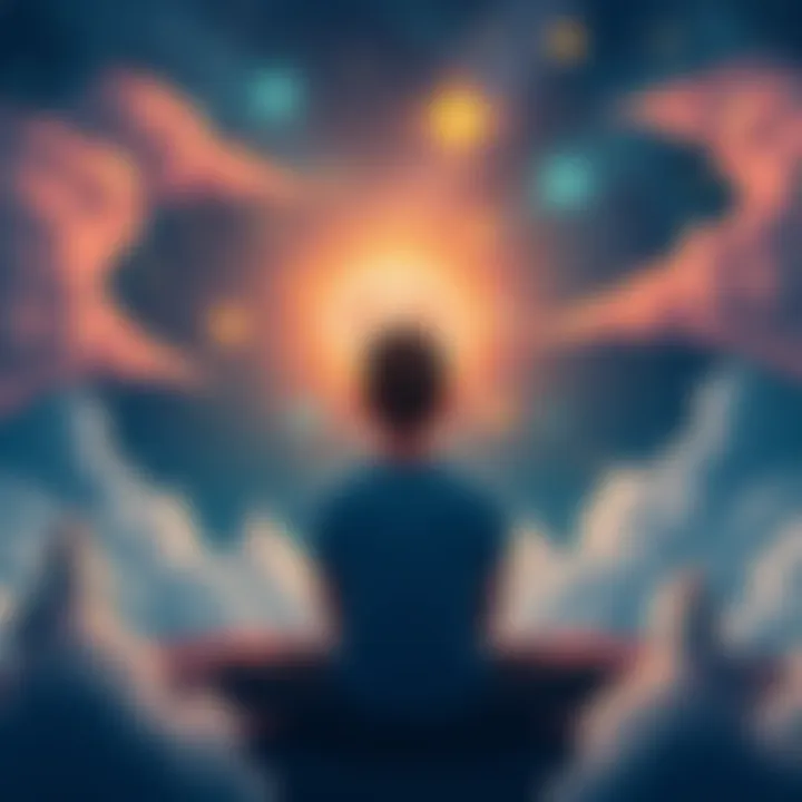 A person sitting peacefully with a glowing brain, surrounded by serene imagery like stars and calming clouds, symbolizing positive thoughts for mental health improvement.
